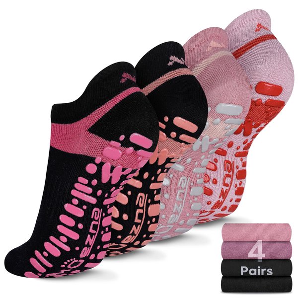 Muezna Non Slip Yoga Socks for Women, Anti-Skid Pilates, Barre, Bikram Fitness Socks with Grips, Size 5-10 (4 Pack - 2 Black with Pink grips/Pink/Coral Pink)