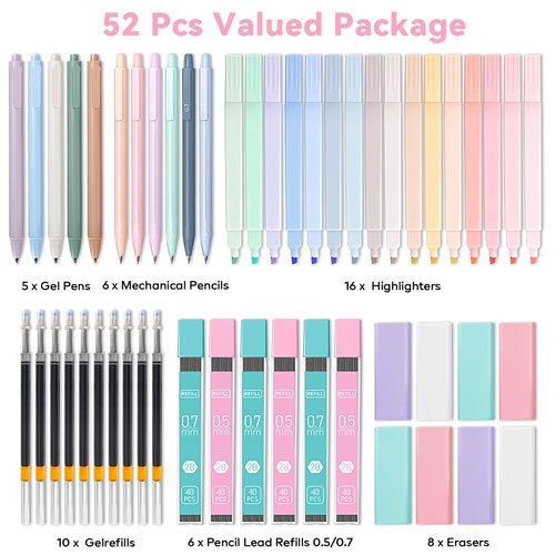 52 PCS Aesthetic School Supplies with Cute Pencil Case, Stationery Essentials with Pens Pencils and Pastel Highlighters Set,College Back to School Supplies for Teen Girls,Pastel Office Supplies-Pink