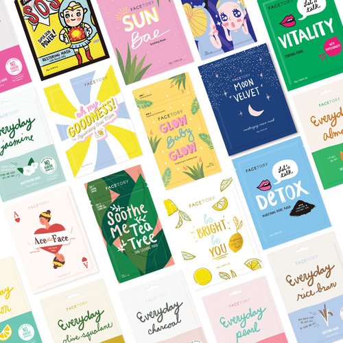 FACETORY 19 Facial Sheet Mask Collection - Korean Skin Care Sheet Mask Pack of 19 - Hydrating, Moisturizing, Soothing, and Radiance Boosting - For All Skin Types, Variety Pack of 19 Sheet Masks
