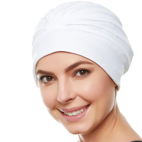 Beemo Swim Caps for Women Swimming Turban Polyester Latex Lined Pleated for Ladies - White