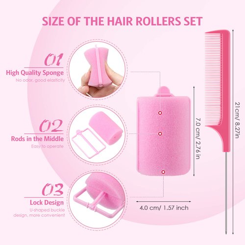48 Pieces Foam Sponge Hair Rollers, Soft Sleeping Hair Curler Flexible Hair Styling Sponge Curler, and Stainless Steel Rat Tail Comb for Hair Styling (1.57 inch/ 4.0 cm, Pink and Dark Pink)
