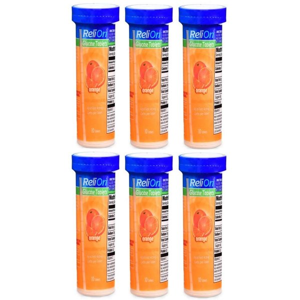 ReliOn Orange Flavor Glucose Tablets - 6 Pack of 10 Tablets Tube