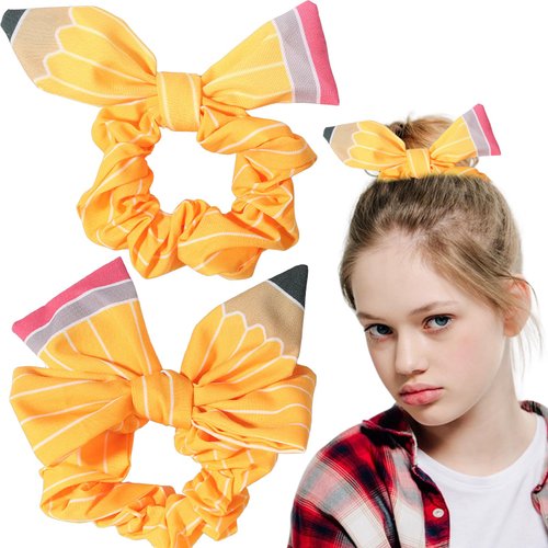 Pencil Hair Bow Back to School Hair Ties Ponytail Holder Hair Scrunchies Non Slip Big Yellow Striped Pencil Scrunchies for Teen Toddler Girls Students Hair Accessories 2PCS
