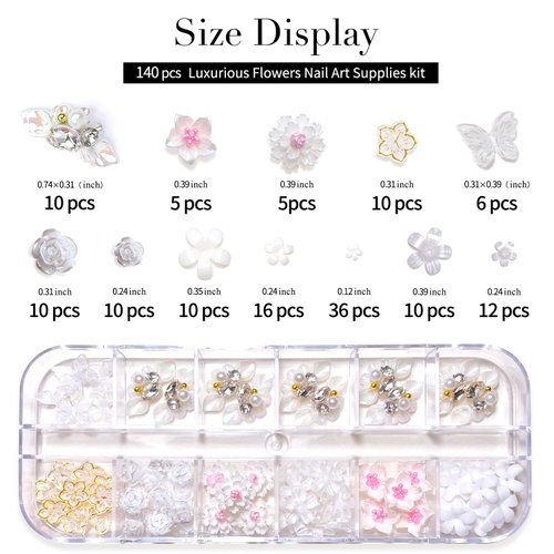 CQ zagir 140 Pcs 3D Flower Nail Art Charms White Nail Charms for Acrylic Nail Supplies Luxurious Mixed Nail Art Rhinestones Nail Gems Nail Accessories DIY Nail Decorations
