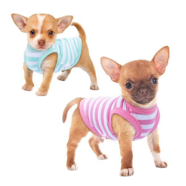 Frienperro Small Dog Shirt, 2-Pack Dog Clothes for Small Dogs Girl, Breathable Cotton Striped Teacup Chihuahua Clothes, Sleeveless Small Yorkie Puppy Clothes Outfit Cat Vest, Green & Pink XXS