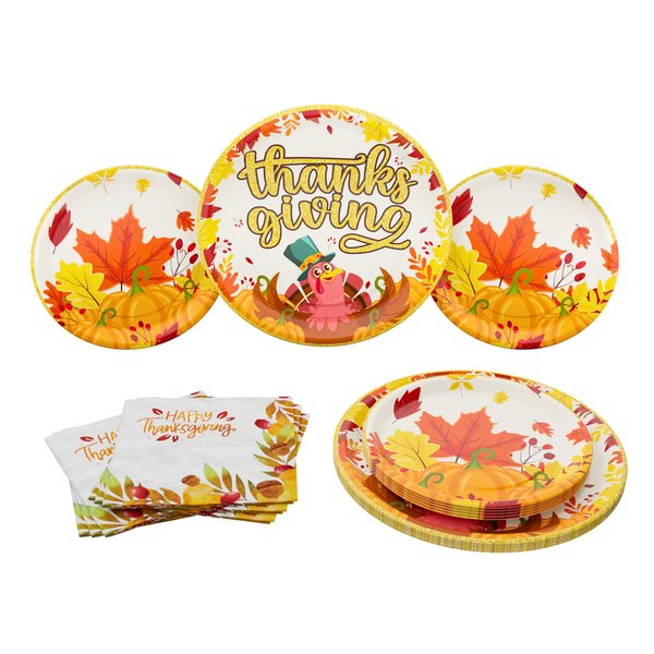 Thanksgiving Party Plates and Napkin (52 pieces for 16 guests) - Thanksgiving Party Supplies, Thanksgiving Party Decorations, Fall Theme Party, Turkey Party Plates and Napkins, Blue Orchards