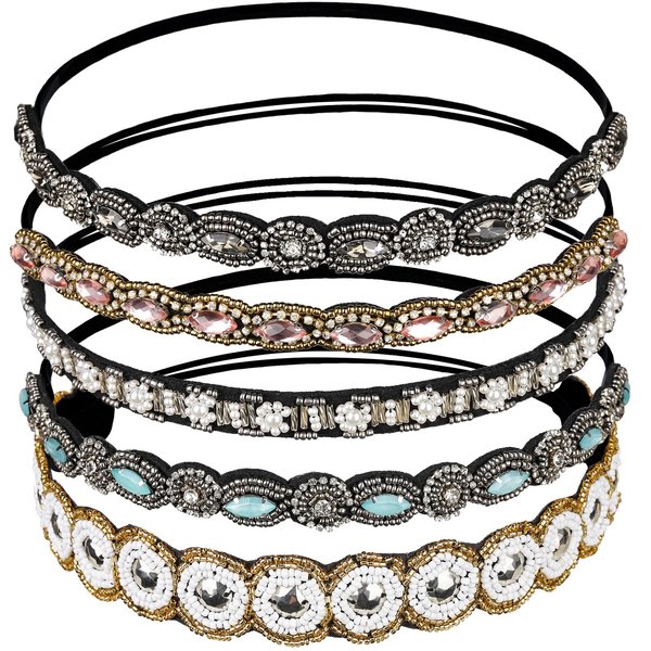 Teenitor 5pcs Hairbands for Women, 5 Rhinestone Beaded Headbands, Head Bands for Women's Hair Fashionable Handmade Crystal Beaded Elastic hairbands, 20-26.8"(51-68cm), 1 Count (Pack of 5), HAIRBAND