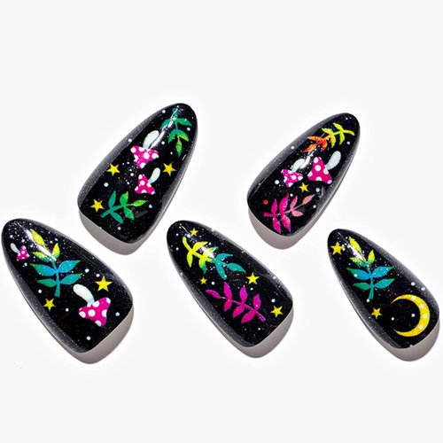 GLAMERMAID Press on Nails Almond, Gel False Nails with Design,24 PCS Glue on Nails,Reusable Acrylic Stick on Nails Tips Manicure Set for Women,Plant Wandering/Almond