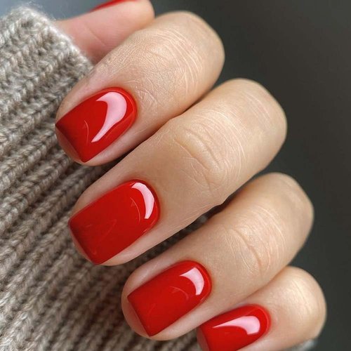 ANDGING Pure Red Press on Nails Short Medium Square Fake Nails for Women Girls Full Cover Gel Glue on Nails with Glossy Design Acrylic Coffin False Nail Tips Manicure Stick on Nails for Wedding 24Pcs