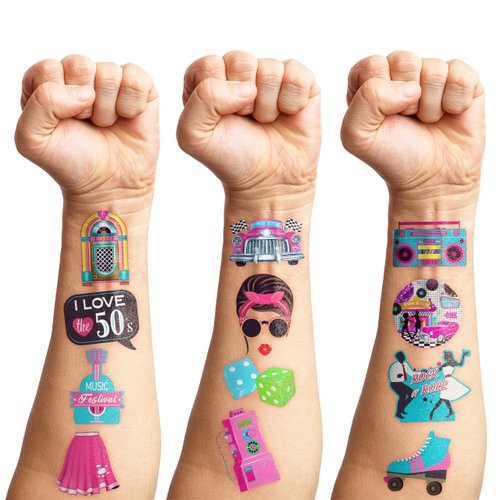 85 PCS 50s Temporary Tattoos Sticker 50s Birthday Party Decorations Favors Supplies Gifts Boys Girls Men Women, Sock Hop, Rock and Roll, 1950s, Vintage, Retro Cute Tattoo School Prizes Themed
