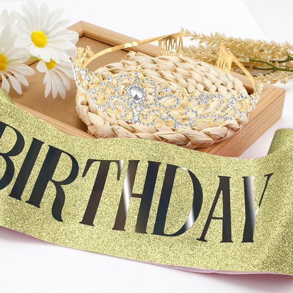 Birthday Crown for Girls Gold Tiara Sash Gifts for Womens Birthday Rhinestone Crystal Headband Princess Queen Crown Happy Birthday Decorations Birthday Gift Ideas Birthday Accessories Gifts for Women