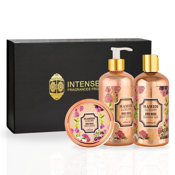 Hamidi 3PCS LUXURY OUD ROSE - Bath & Body Gift Set Magnetic Box Ultra Moisturizing, Skin-Nourishing, Naturally Derived Ingredients. (Pack Of 3)