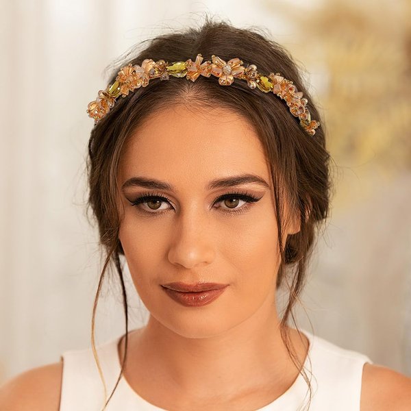 Formery Crystal Beaded Headband Gold Sparkly Rhinestone Hairband Party Prom Wedding Handmade Bead Flower Headpiece for Women and Girls
