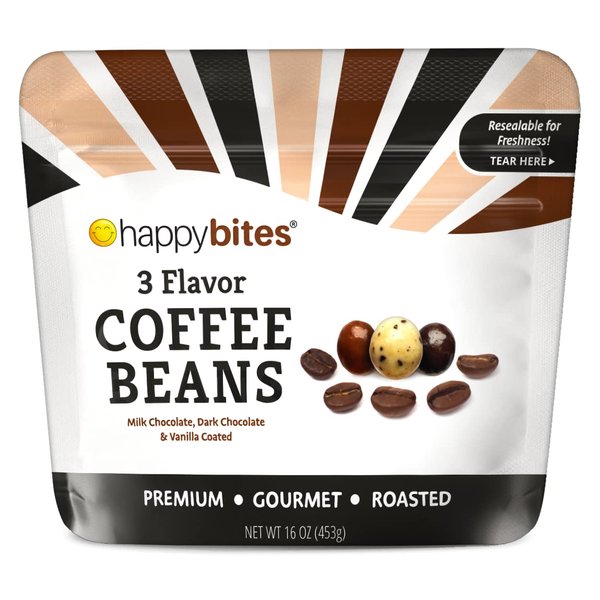 Happy Bites 3 Flavor Covered Coffee Beans – Milk Chocolate, Dark Chocolate, & Vanilla (16 oz / 1 Bag) – Resealable