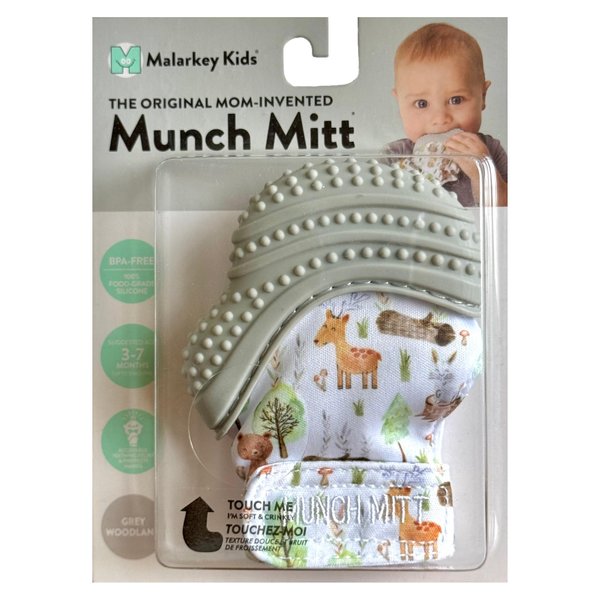 Malarkey Kids Baby Teething Mitten, Munch Mitt Baby Chew Toy - Protects Hands from Chewing & Saliva, Heals Aching Gums, Promotes Sound & Visual Stimulation for Babies Up to 1-Year-Old (Grey Woodland)