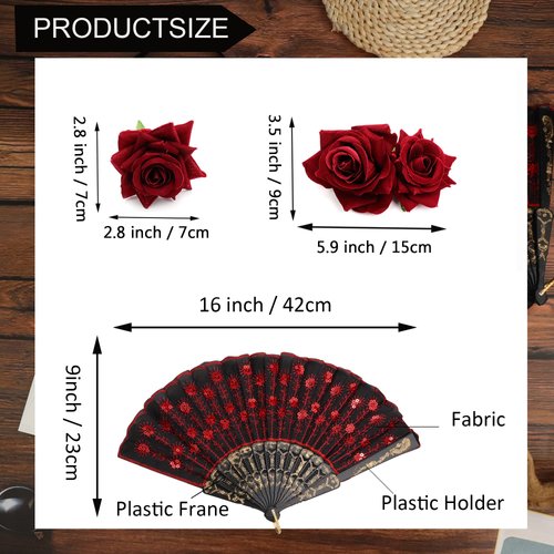 Sanfenly Halloween Accessories Rose Flower Crown Headband Hair Clip Hair Accessories Embroidered Sequins Fabric Handheld Folding Fan Temporary Tattoos Sticker for Halloween Cosplay Wedding Party