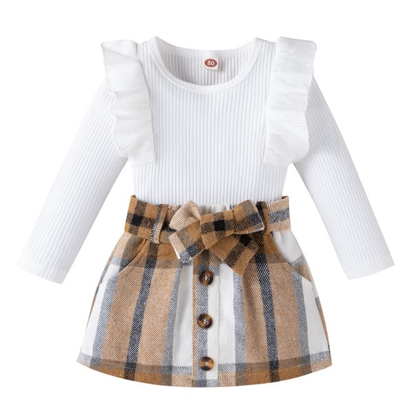 Yccutest Toddler Baby Girl Skirt Outfit Long Sleeve Ruffle Shirt Top Mini Skirt Set 2Pcs Kids Little Girl Clothes Fall Winter (White,12-18 Months)