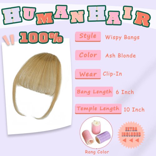Clip in Bangs 100% Real Human Hair Bangs Hair Clip Bright Ash Blonde Wispy Fake Bangs,Clip on Bangs for Women Faux Bangs Clip in Hair extensions/Pieces with Hair Roller