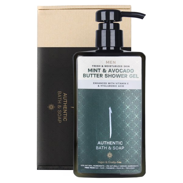 AUTHENTIC BATH & SOAP All Natural - Mint and Avocado Butter Body Wash - with Vitamin E & Hyaluronic Acid, Refreshing & Moisturizing Shower Gel for Men, Cruelty Free & Vegan, Sulfate Free 16.9 Fl Oz