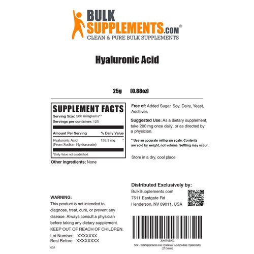 BULKSUPPLEMENTS.COM Hyaluronic Acid Powder - Hyaluronic Acid Supplements - Hyaluronic Acid 200mg - Hyaluronic Acid Food Grade - 200mg of Pure Hyaluronic Acid per Serving (25 Grams - 0.88 oz)