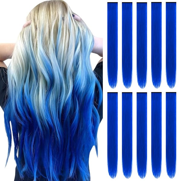 TOFAFA 22 inch Colored Hair Extensions, Colorful Party Highlights Clip in Synthetic Hair Extensions for Girls Women Kids Favor Gift (10 PCS Blue)