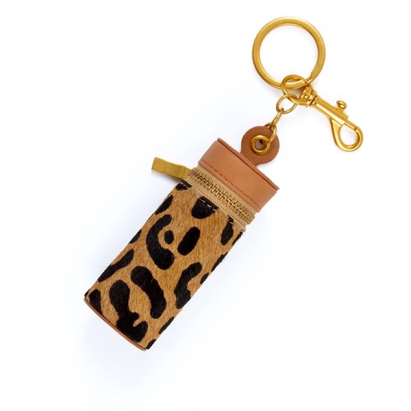 Cockatoo Nappa Leaeher Zipper Lipstick Case with Keyring Chapstick Holder Keychain (Leopard/Pink)