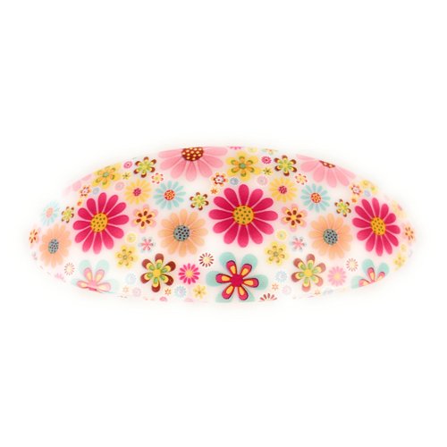 Pink white yellow barrette floral oval plastic curved hair clip 3.25 inches long 1.25 inches wide daisy flowers
