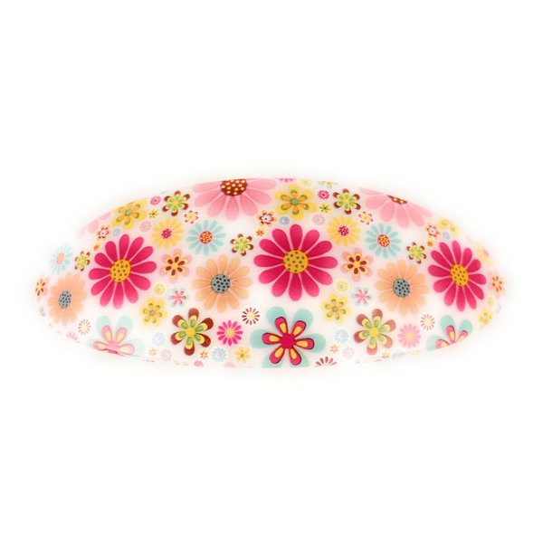 Pink white yellow barrette floral oval plastic curved hair clip 3.25 inches long 1.25 inches wide daisy flowers