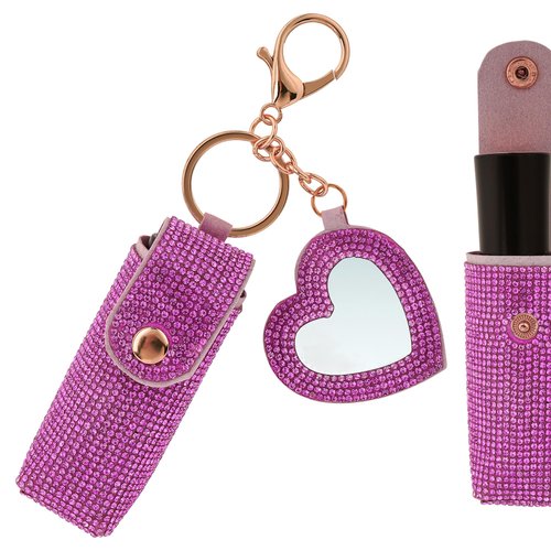 Biiange Lipstick Organizer Keychain, Rhinestone Lipstick Case with Mirror, Lip Balm Case, Lipstick Leather Holder Lip Gloss Bag for Outdoor, party, gathering, home storage