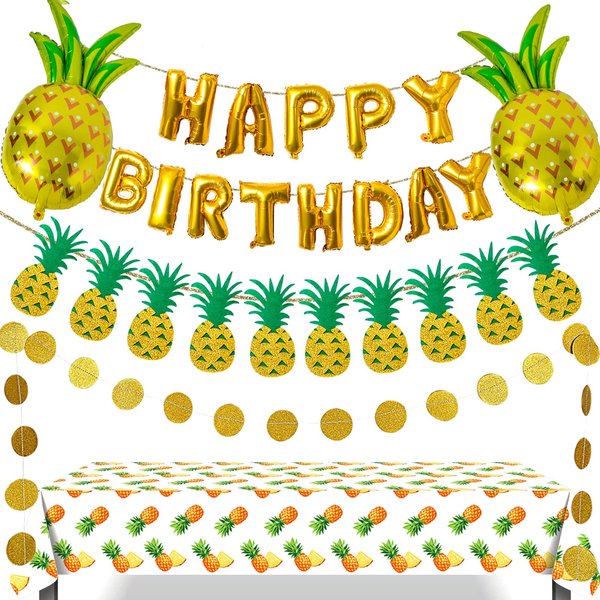 Pineapple Theme Birthday Party Decoration,Glitter Happy Birthday Banner,Gold Glittery Pineapple Sign Banners,Pineapple Foil Balloons for Hawaiian Luau Tropical Summer Party Decorations Supplies