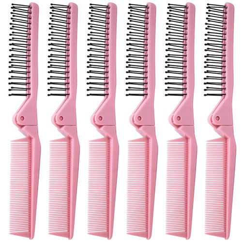 Qjaiune 6PCS Travel Foldable Brush Comb Portable Folding Comb, Anti-Static Hair Comb Mini Pocket Comb, Double Headed Hair Brush Hairdressing Tools Plastic Folding Comb for Men Women (Pink)