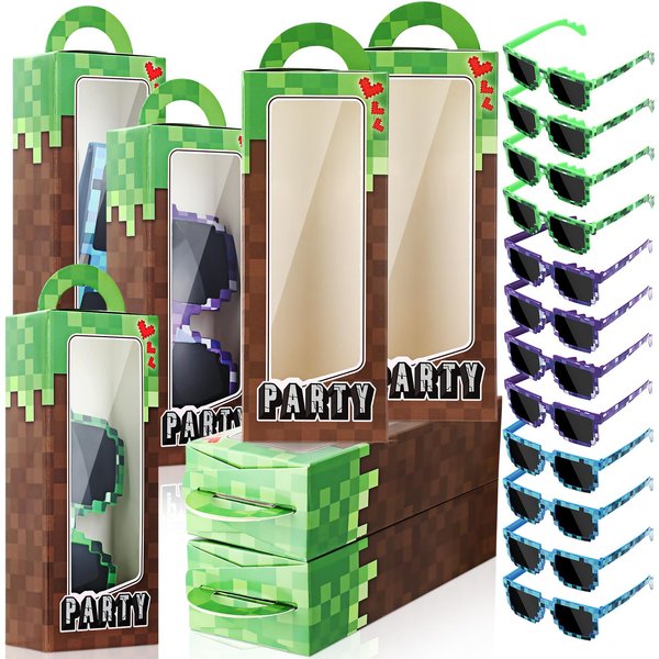 Mootycapa 24 Pcs Pixel Game Party Favors Pixelated Theme Gift Boxes Pixel Sunglasses Birthday Party Supplies for Kids Boys Girls (Classic Colors)