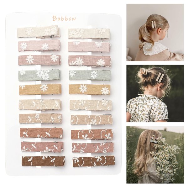 Bubbow 20pcs Hair Clips For Women Girls Toddler Baby Bang,Fully Lined Alligator Barrettes with Linen Flower Embroidery,Handmade Hair Accessories for Kids Child Youth School Age Girls Thin Thick Hair