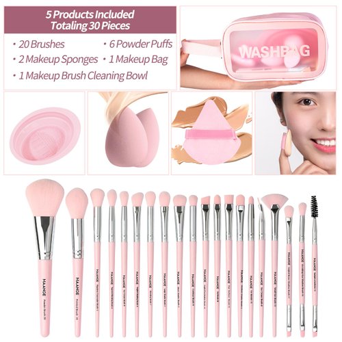 MAANGE 30-Piece Complete Make Up Brush Set 5 Products Included for Powder Foundation Eyeshadow Concealer Eyeshadow Pink