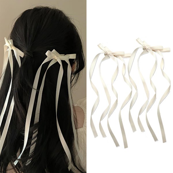 Boxkat 2 Double Bowknot Ribbon Hair Clips Bow Long Tassel Ribbon Hair Clip for Women Girls Cute Hair Styling Accessories (White)