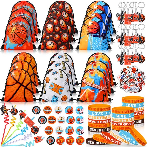 Sadnyy 140 Pcs Party Favors Birthday Party Decorations Supplies Drawstring Bags with Silicone Bracelets Keychains Straws Button Pins Stickers for Classroom Rewards Goodie Bags Stuffers(Basketball)