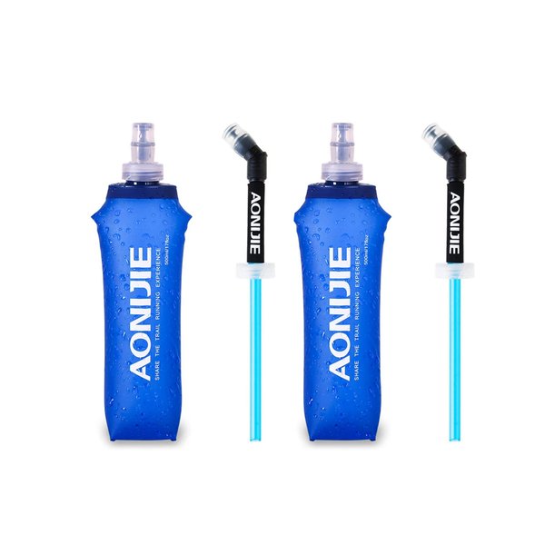AONIJIE TPU Soft Folding Water Bottles Collapsible Flask for Hydration Pack for Running Hiking Cycling Climbing Pack of 2 (500ml with Straw -Pack of 2)