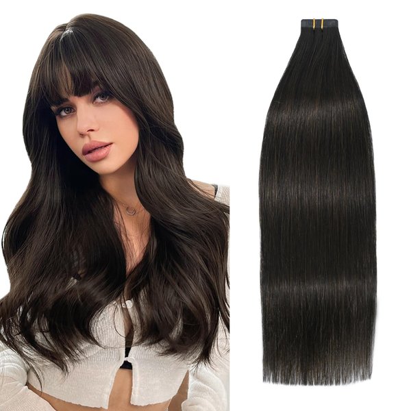 Tape in Dark Brown Hair Extensions, 100% Real Human Hair 18 Inch 40g Seamless Skin Weft Long Straight Highlight Silky Straight 20pcs.