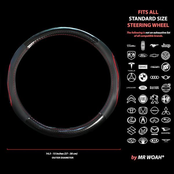High End Genuine Leather Carbon Fiber Look 14.5-15 Inch Steering Wheel Cover for Cars and SUVs, Breathable, Perforated, Anti-Slippery