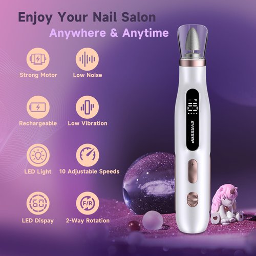 Electric Nail Drill, Electric Nail File for Acrylic Gel Dip Powder Nails,Professional Manicure and Pedicure Kit,10 Speeds Nail Care Set for Grinder Sander Trimmer Buffer(White)