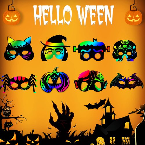 Natonhi Halloween Crafts for Kids 64Pcs Halloween Favors Rainbow Scratch Paper Art Masks Kits with 32Pcs Wooden Styluses and 32Pcs Ribbons for Halloween Party Supplies