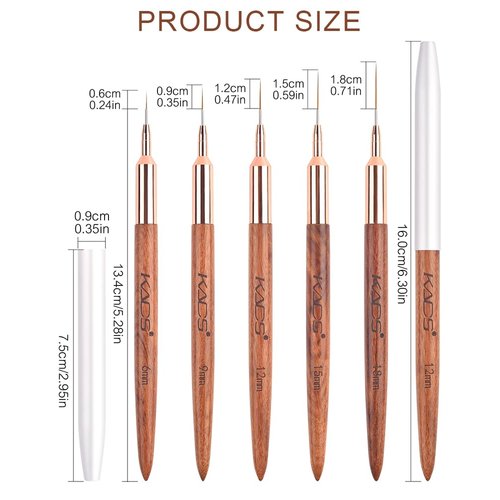 KADS Fine Liner Brush, Nail Art Striping Brushes 6/9/12/15/18mm Thin Line Nail Brush Detail Drawing Brush Gel Nail Polish Brush (Set of 5Pcs)
