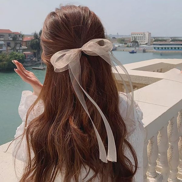TUCEWP Tulle Bow Hair Ties Brown Tassel Ribbon Hair Bows for Women Girls Toddlers Long Tail Bowknot Hair Bands for Thick Hair Cute Stretchy Hair Rope Hair Ponytail Holders Sweet Hair Accessories