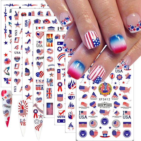 8 Sheets 4th of July Nail Art Stickers American Independence Day Nail Design Decals 3D Self-Adhesive Nail Art Supplies USA Flag Patriotic Stickers Manicure Sticker for Memorial Day