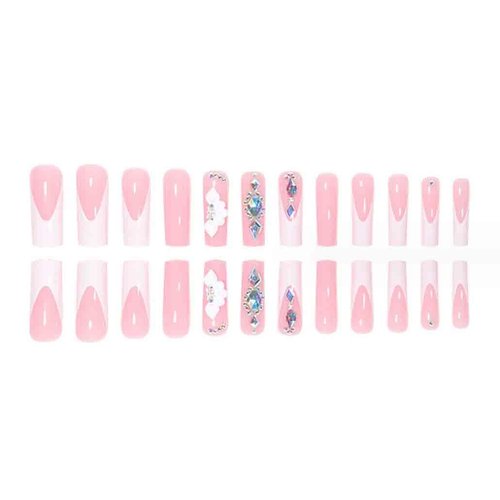 Foccna White Press on Nails Artificail Extra Long, French Square Fake Nails, Crystal Flowers Nails Acrylic Full Cover Long Fake Nails with Design Nail Tips for Women&Girls-24PCS