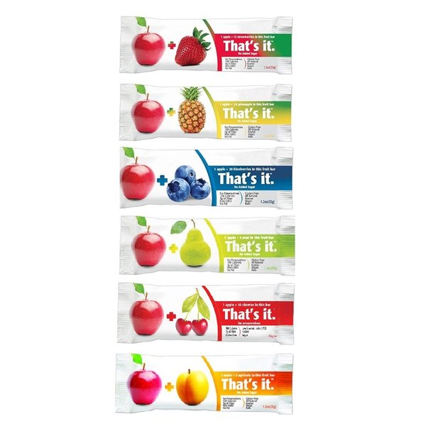 That's it Super Sampler, Pack of 6, (1 Apple+Blueberry, 1 Apple+Strawberry, 1 Apple+Pineapple, 1 Apple+Pear, 1 Apple+Cherry, 1 Apple Apricot)