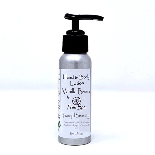 Organic Lotion Vanilla Bean by Très Spa - Pure natural vanilla, light and penetrating with nourishing Organic Shea butter, Sunflower, Avocado, & Seed oils (80ml Travel Size)