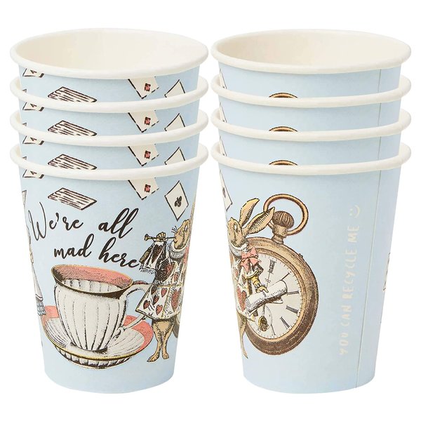 Talking Tables 8 x Blue Alice in Wonderland Paper Disposable Cups | Mad Hatter Themed Party Supplies for Afternoon Tea Party, Onederland Birthday, Mother's Day, Baby Shower, 100% Recyclable