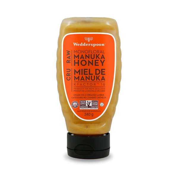 Wedderspoon Raw Premium Manuka Honey, KFactor 16, 12 Oz, Unpasteurized, Genuine New Zealand Honey, Multi-Functional, Non-GMO Superfood, Traceable from Our Hives to Your Home, Convenient Squeeze Bottle
