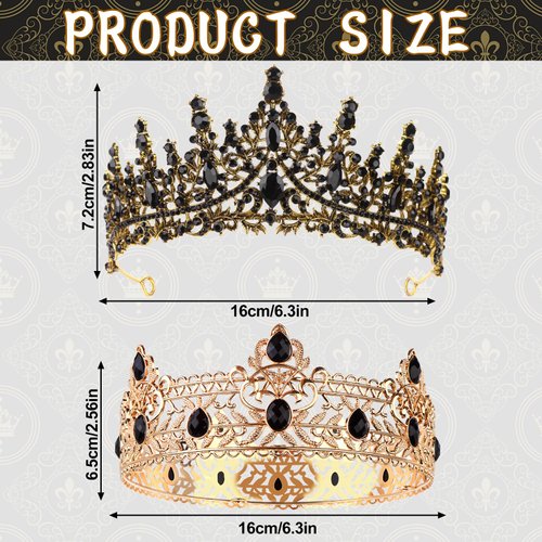 2 Pcs Prom King and Queen Crowns Set King Crowns for Men Royal Crown with Black Rhinestone Crystal Crowns for Women Crown Tiara Costume Headwear for Wedding Halloween Homecoming Party Decorations